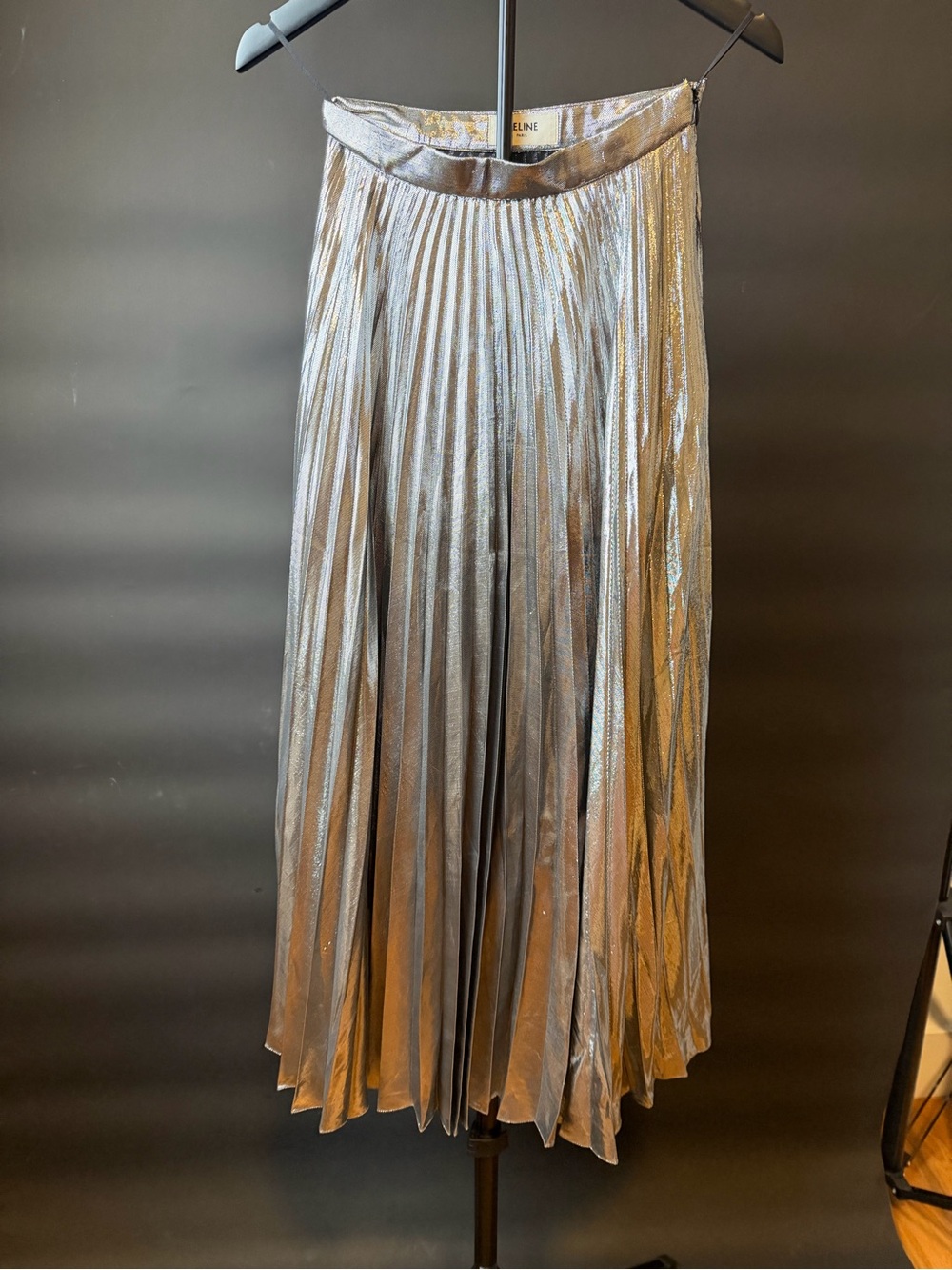 Celine Silver Metallic Pleated A-Line Skirt